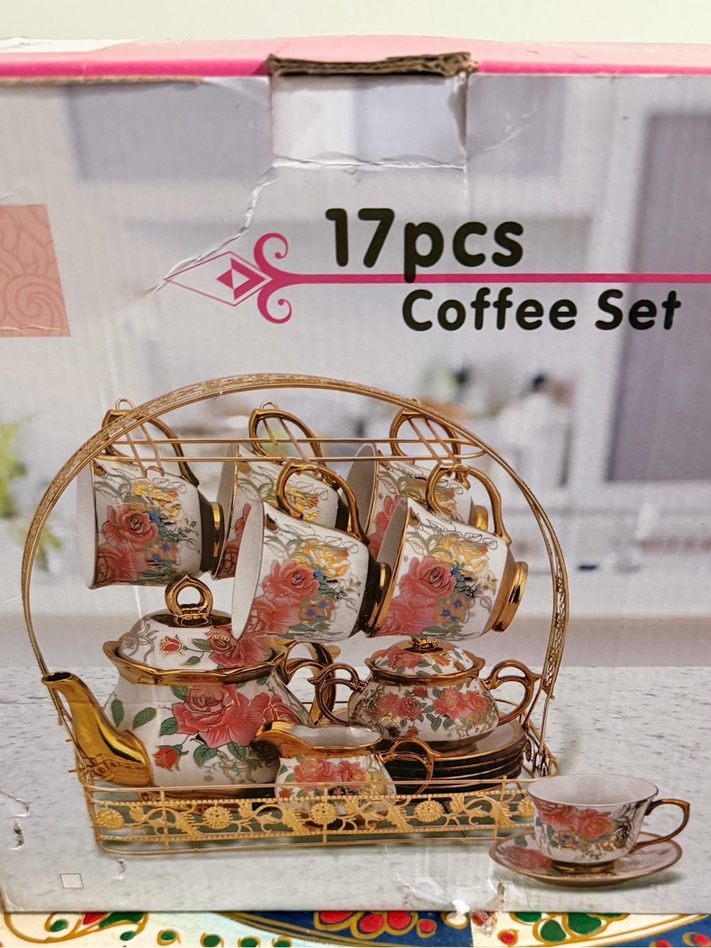 17-Piece Floral Gold Accent Coffee Set - White and Pink
